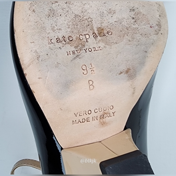 kate spade Prince Black/Powder Patent Leather Strap Wedge Heels EUC Size 9 1/2 - Picture 15 of 16
